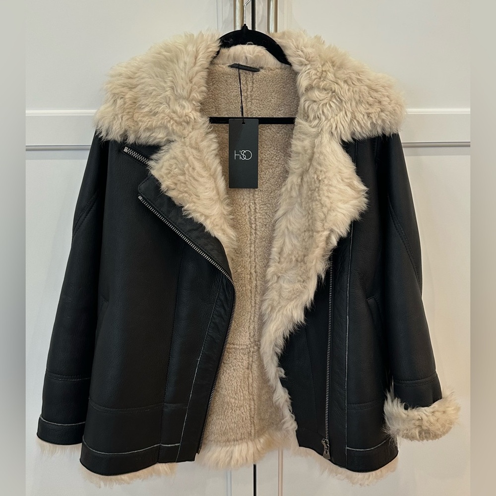 NWT Boutique LE PRIVE Shearling jacket Black and Beige 12  (Originally $1995)